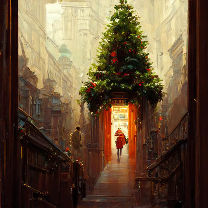 Juletre over en åpen inngang. Inngangen er plassert blant monumentale bygg. Maleriet er laget med kunstig intelligens.